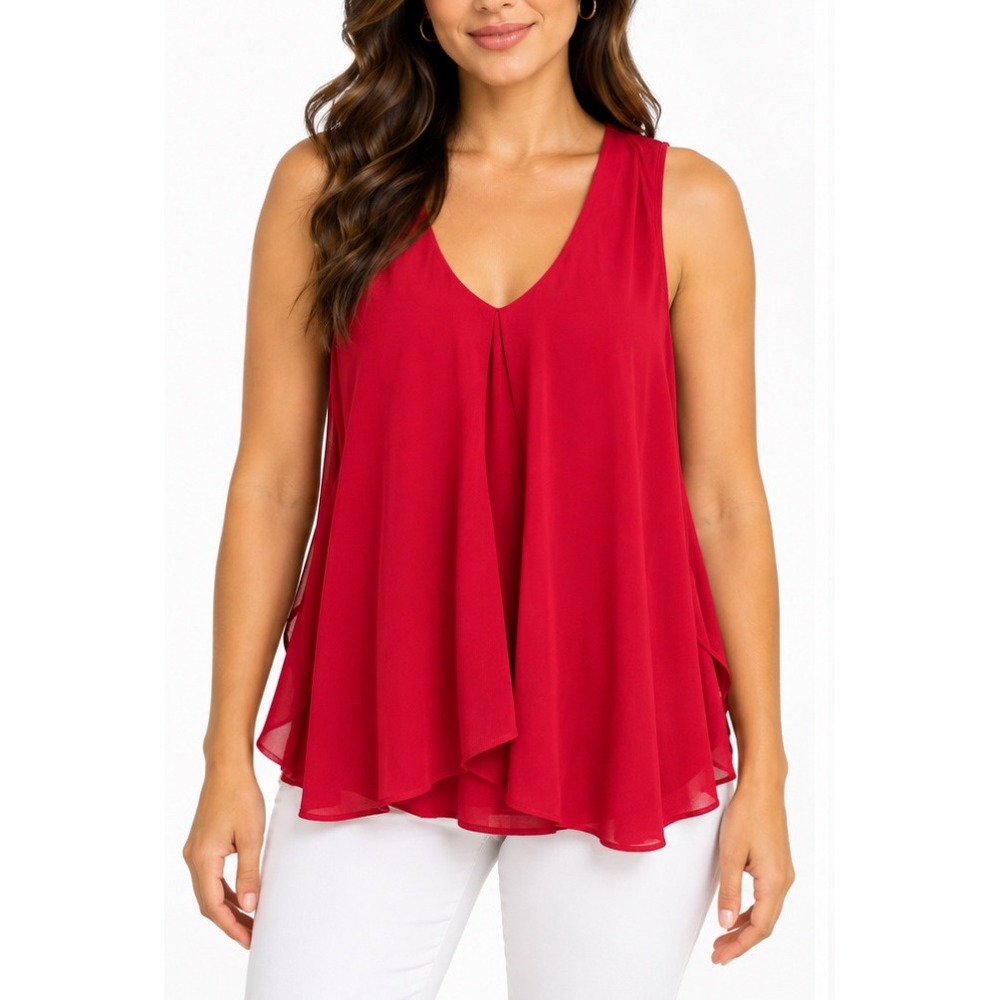 Bobeau Women Red Layered V-Neck Pleated Chiffon Tank Top Blouse MT4N1WA278 L